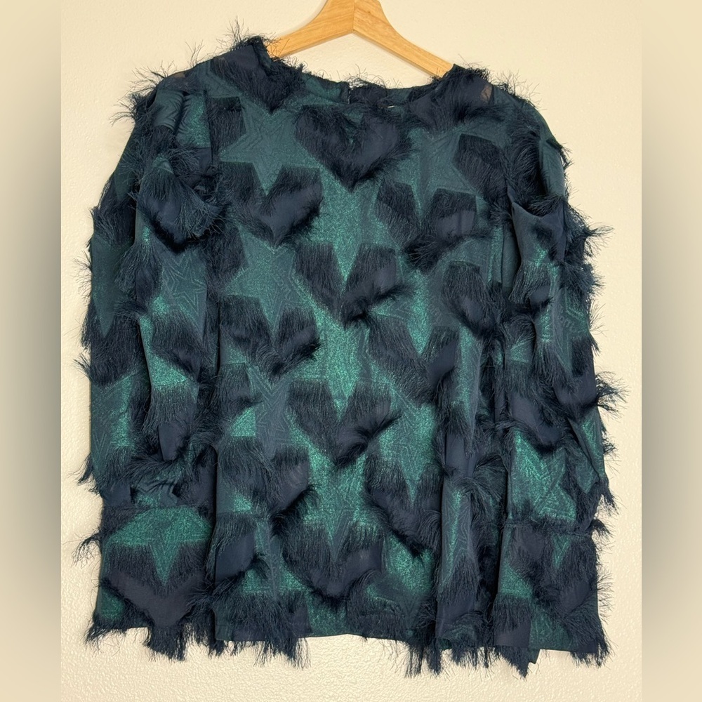 Textured blouse Elegant Teal Navy Women's Feathered Blouse star size M - Picture 4 of 7